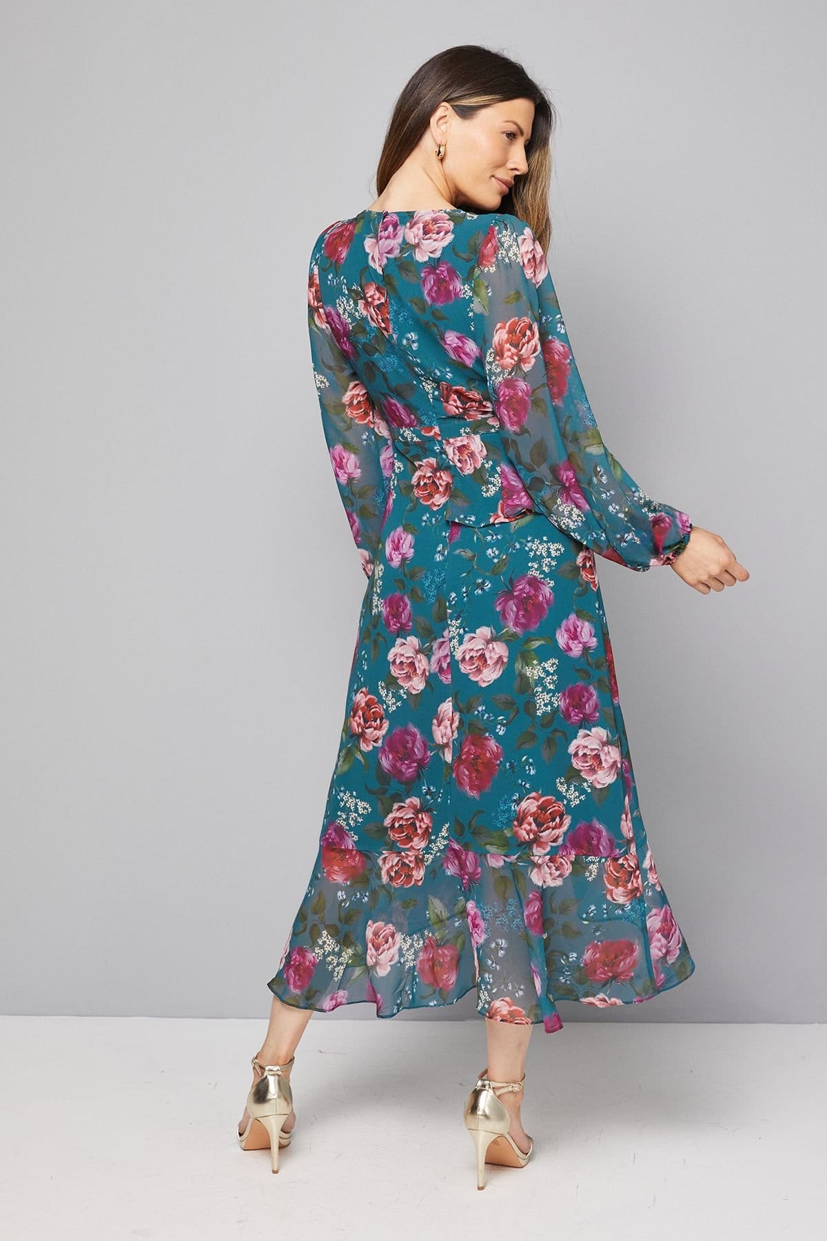Wallis Wallis Women's Floral Ruffle Peplum Midi Dress in Green - 4