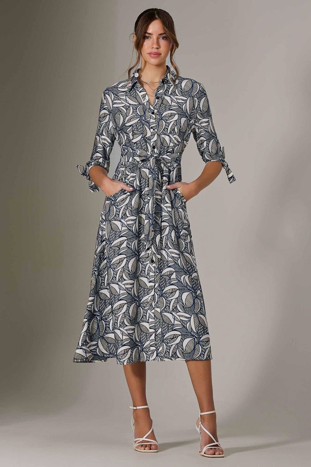 Jolie Moi Jolie Moi Women's Tie Sleeve Shirt Maxi Dress in Mid Navy - 4