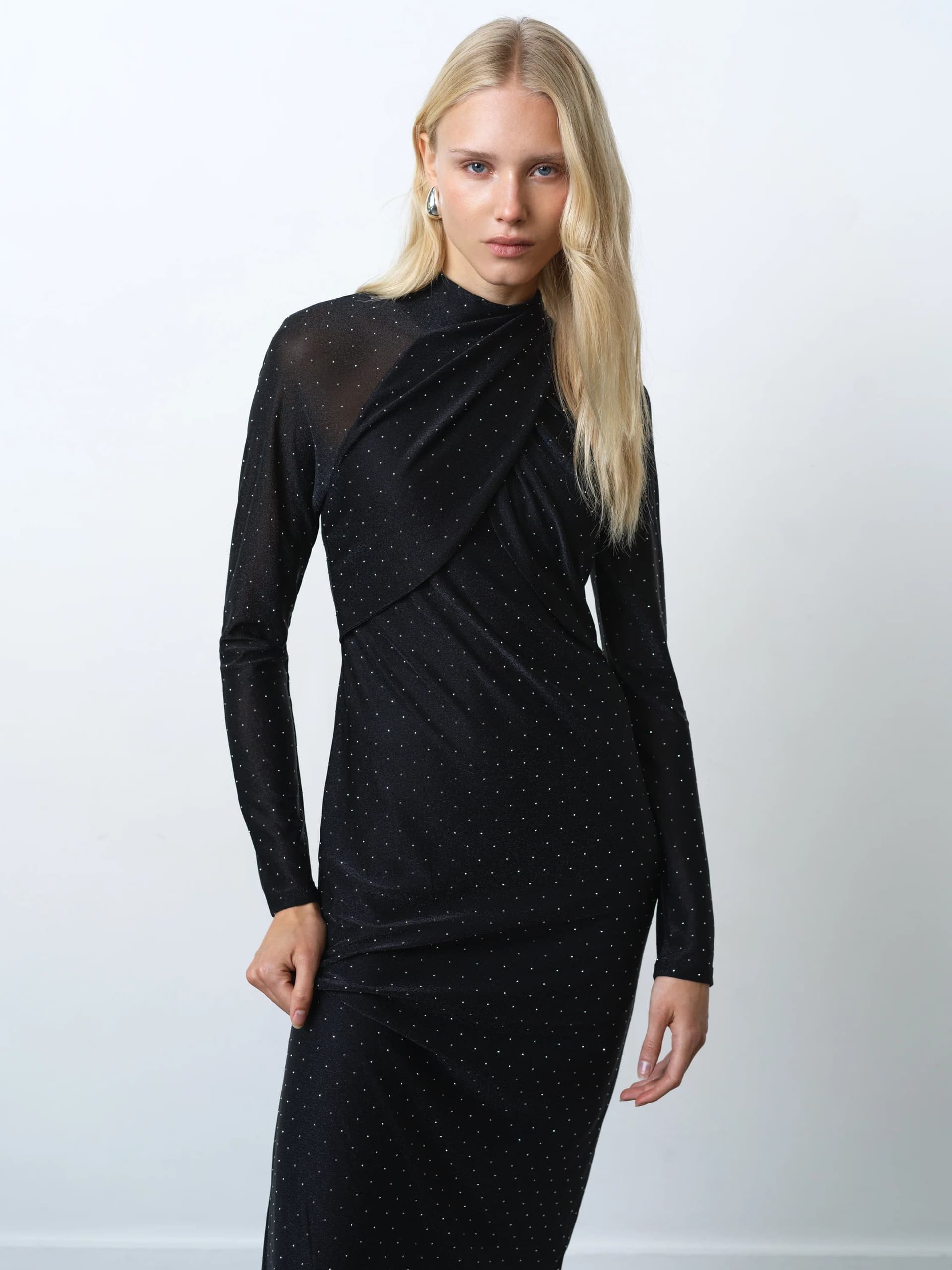 French Connection Shosana Hotfix Diamante Wrapover Midi Dress Black Silver