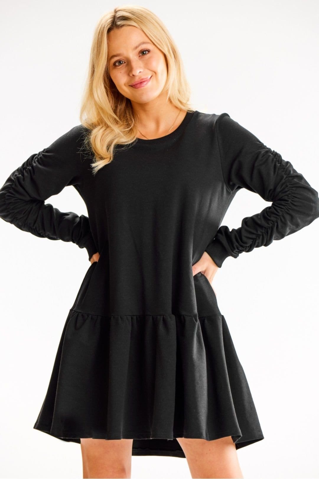 Love Lace Black Loose Long Sleeve Day Dress With Ruffle Hem