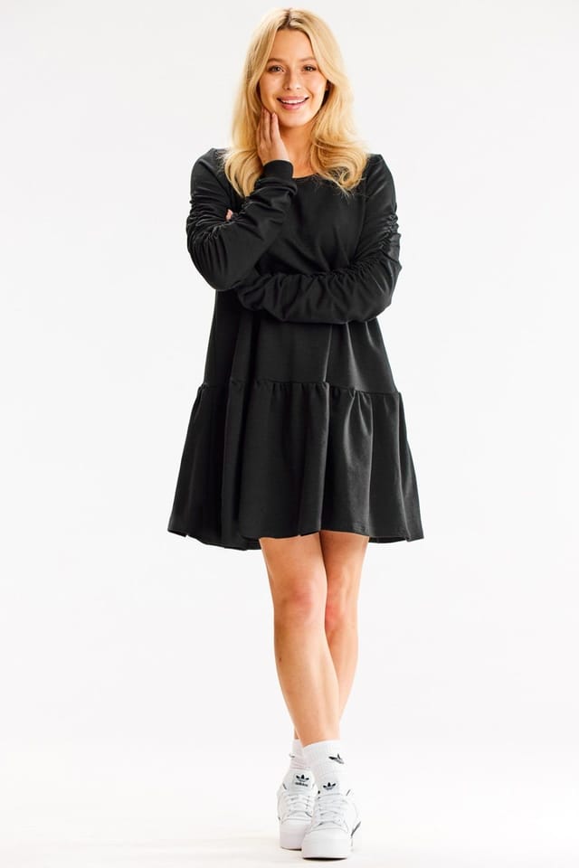 Love Lace Love Lace Women's Loose Long Sleeve Day Dress With Ruffle Hem in Black - 3