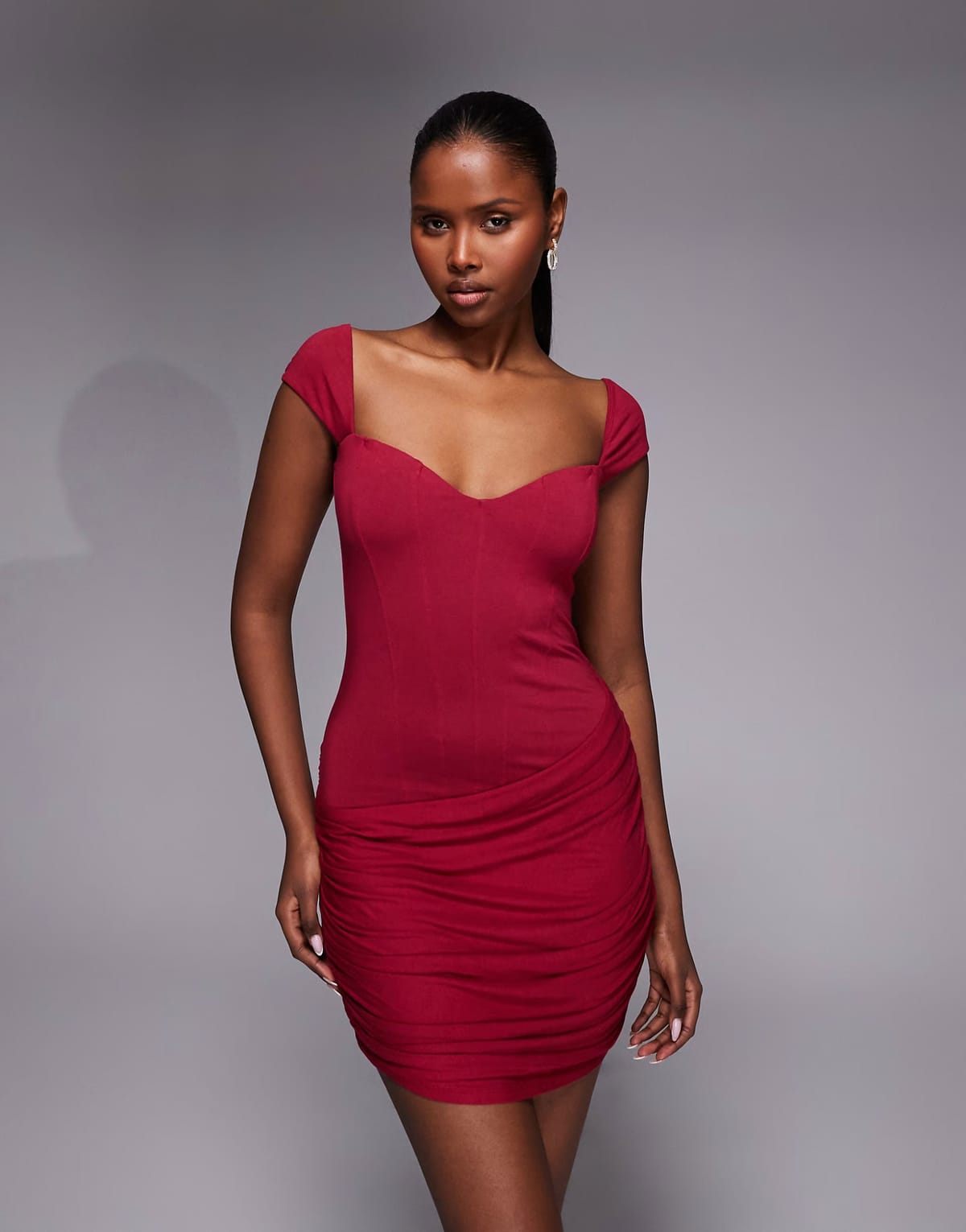 ASOS Oh Polly sweetheart neckline drape skirt mini dress in cherry red - 1