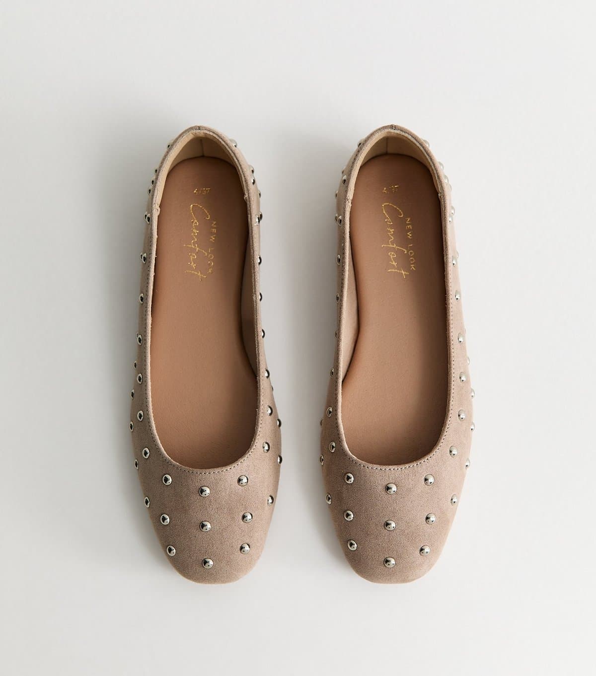 New Look Women's Light Brown Faux Suede Studded Ballet Pumps Vegan New Look