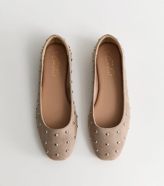 New Look Women's Light Brown Faux Suede Studded Ballet Pumps Vegan New Look - 2