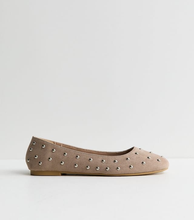 New Look Women's Light Brown Faux Suede Studded Ballet Pumps Vegan New Look - 3