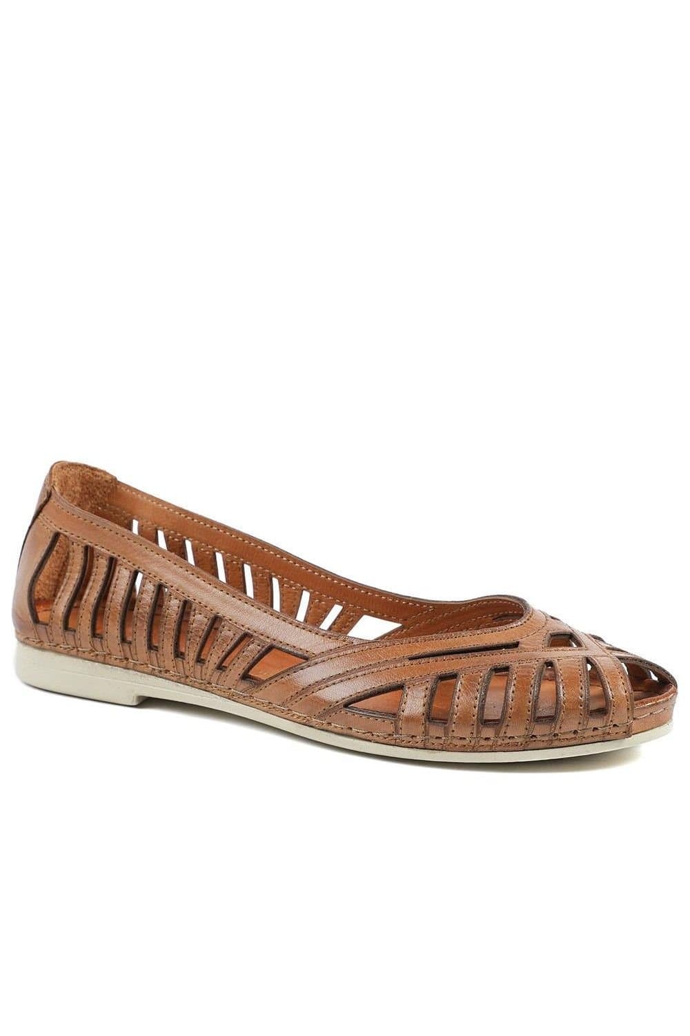 Pavers Pavers Women's Leather Cut Out Peep Toe Flats in Tan