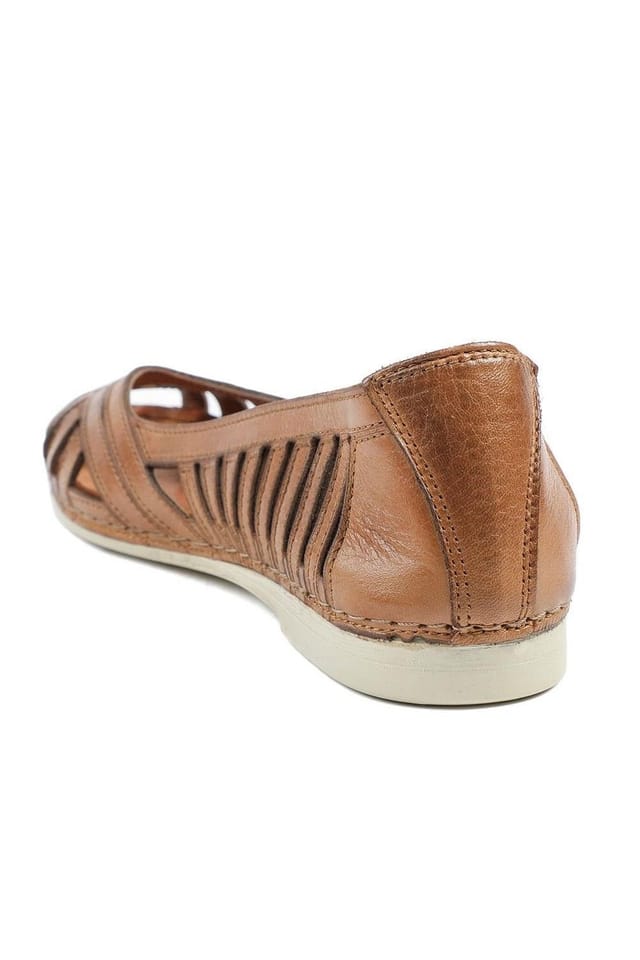Pavers Pavers Women's Leather Cut Out Peep Toe Flats in Tan - 3