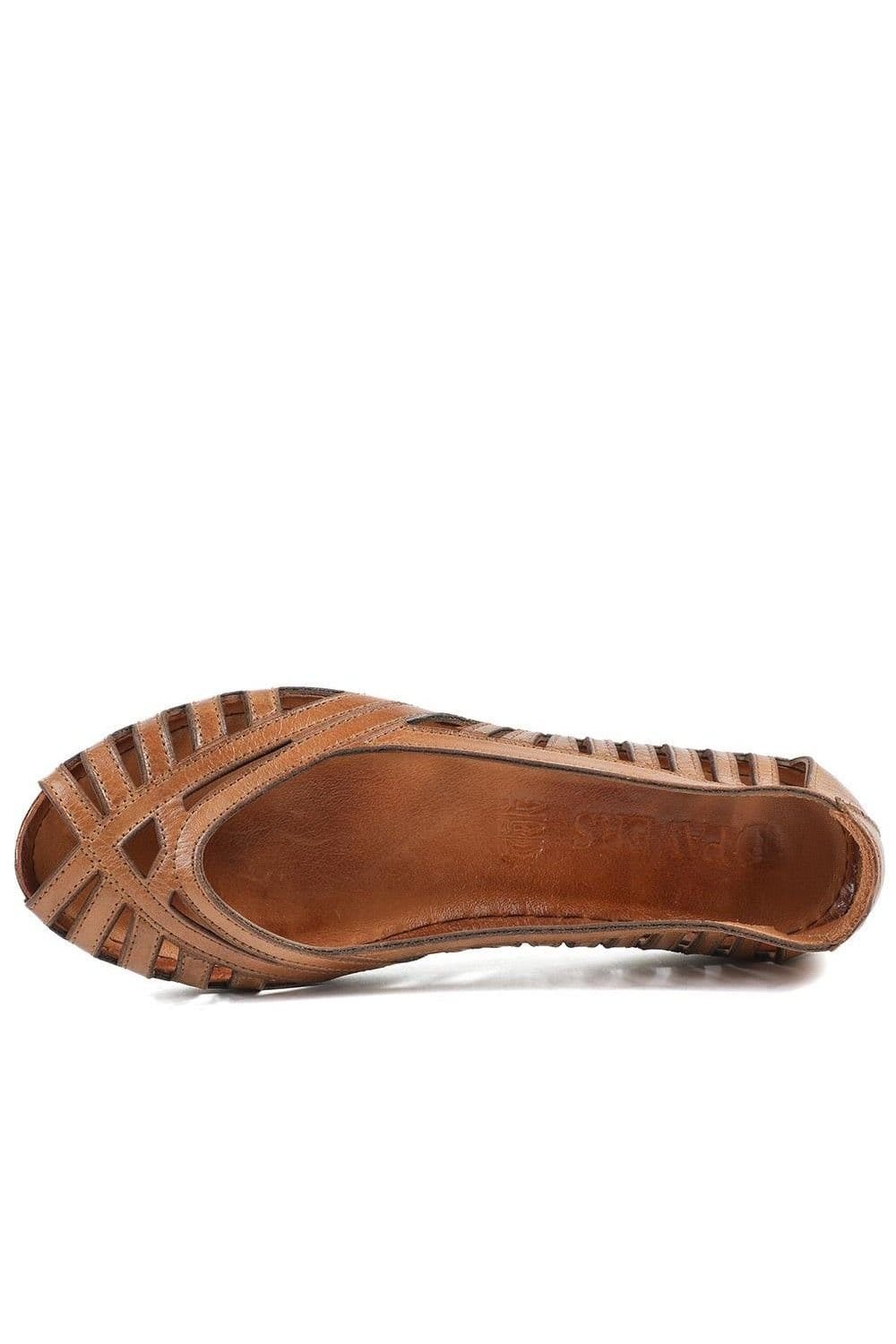 Pavers Pavers Women's Leather Cut Out Peep Toe Flats in Tan - 4