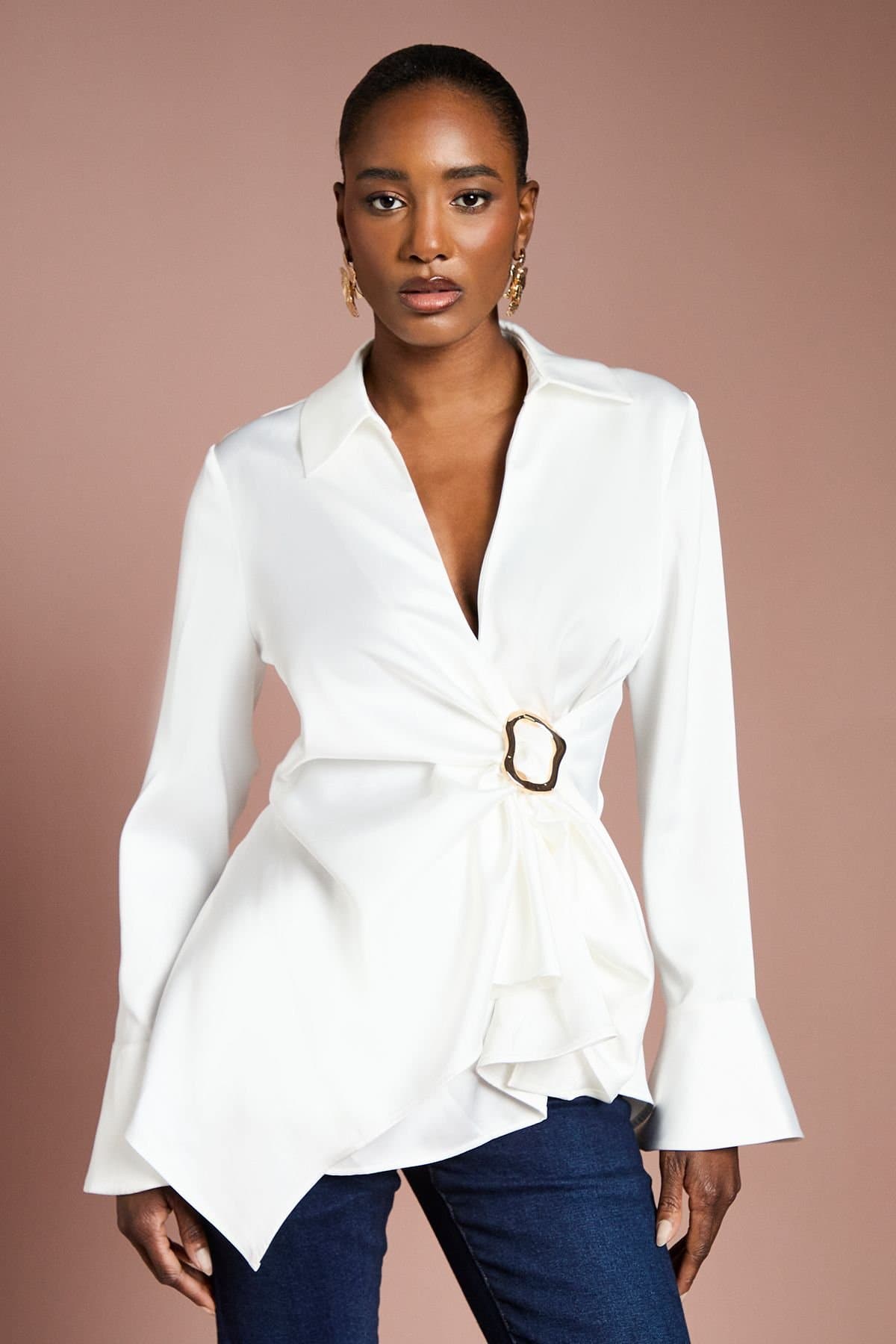 Coast Coast Women's Drape Detail Cuffed Satin Shirt in Ivory