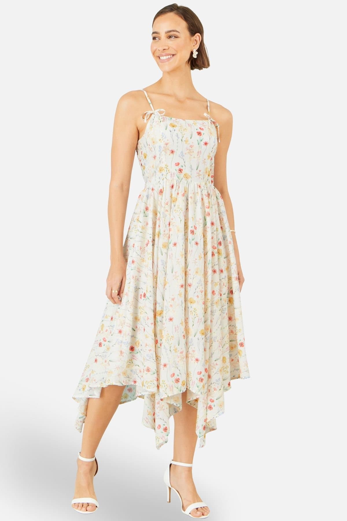 Yumi Yumi Women's White Botanical Embroidery Fabric Handkerchief Hem Dress in Soft White