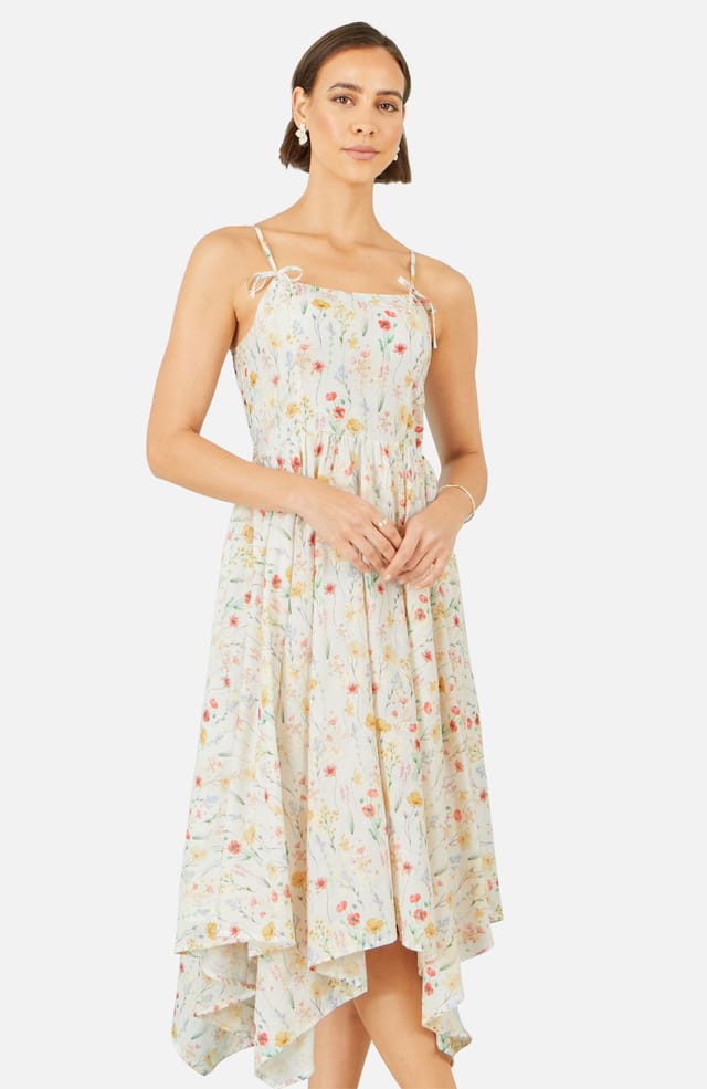 Yumi Yumi Women's White Botanical Embroidery Fabric Handkerchief Hem Dress in Soft White - 2