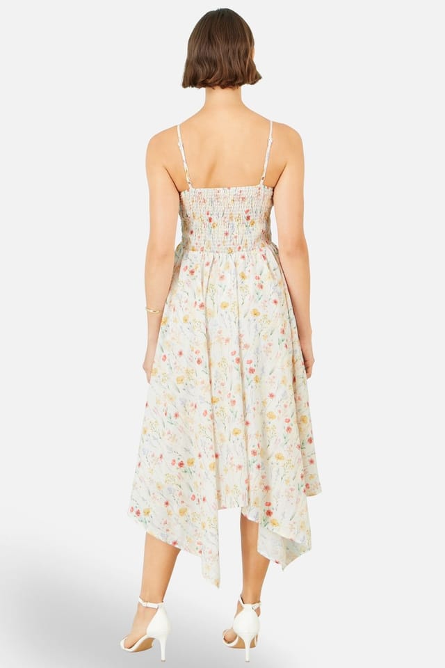 Yumi Yumi Women's White Botanical Embroidery Fabric Handkerchief Hem Dress in Soft White - 3