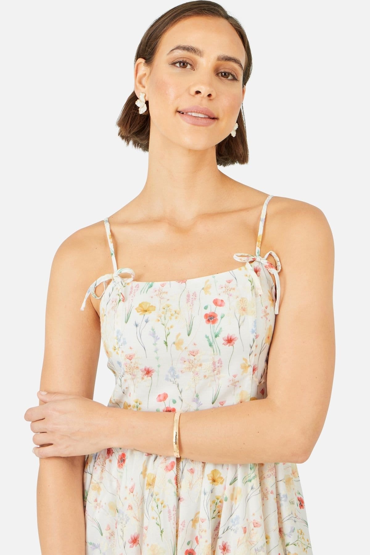 Yumi Yumi Women's White Botanical Embroidery Fabric Handkerchief Hem Dress in Soft White - 4