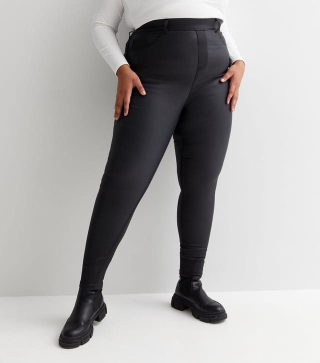 New Look Women's Plus Size Black Coated Leather-Look High Waist Jeggings Curves New Look - 2