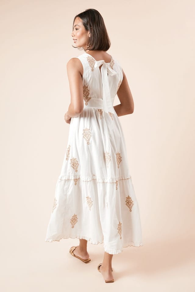Dorothy Perkins Dorothy Perkins Women's Embroidered Tie Back Strappy Midi Dress in Taupe - 3