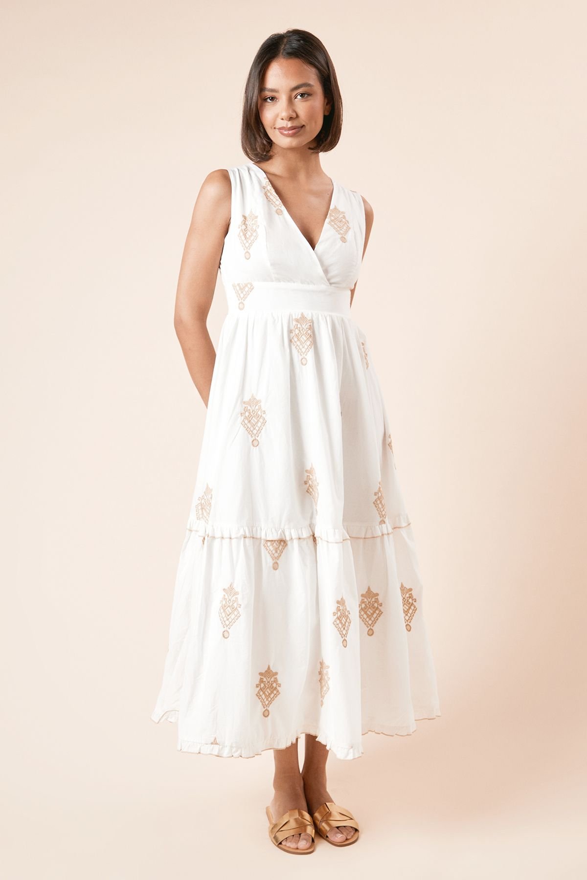 Dorothy Perkins Dorothy Perkins Women's Embroidered Tie Back Strappy Midi Dress in Taupe - 4