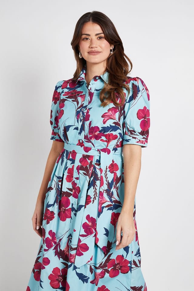 Wallis Wallis Women's Floral Print Pintuck Midi Shirt Dress in Blue - 2