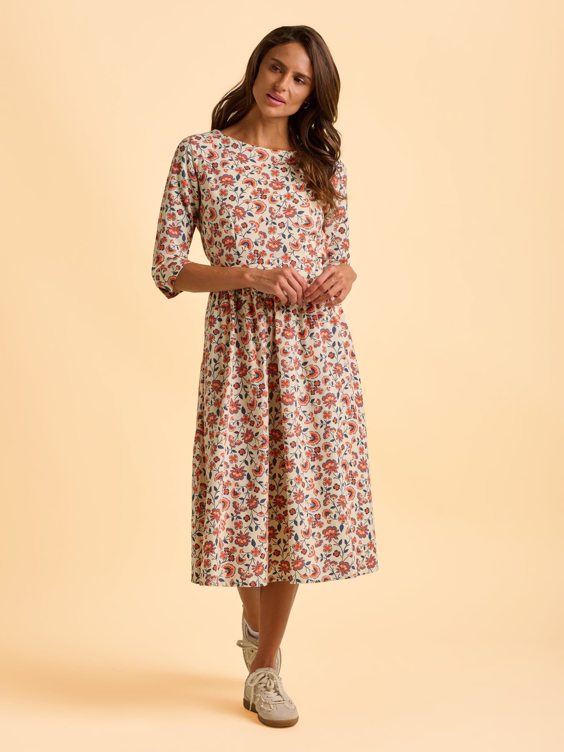 Brakeburn Cream Floral Midi Dress with Notch Sleeves
