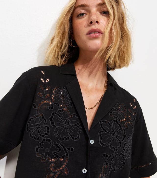 New Look Women's Black Lightweight Cutwork Crop Scallop Hem Shirt New Look - 2