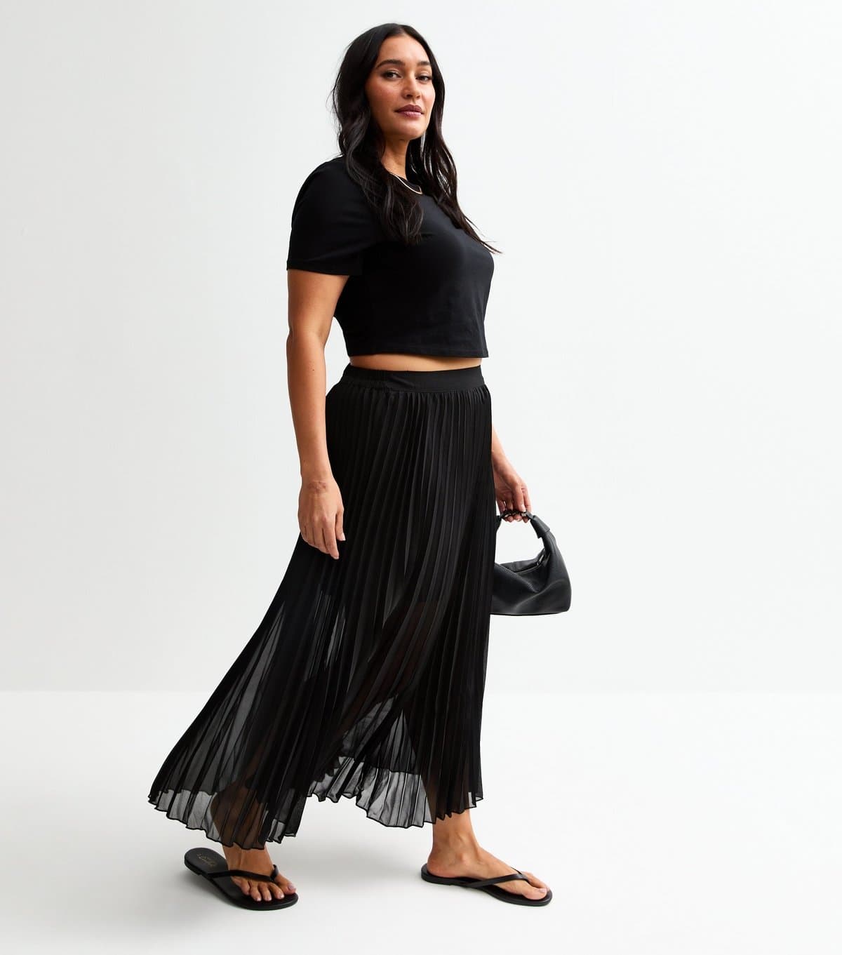 New Look Women's Plus Size Black Pleated Chiffon Midi Skirt Curves New Look