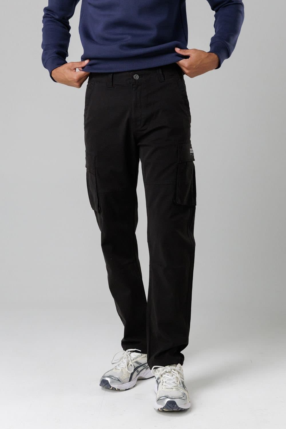 Firetrap Firetrap Men's Cotton Stretch Utility Cargo Trousers with Oversized Pockets in Black