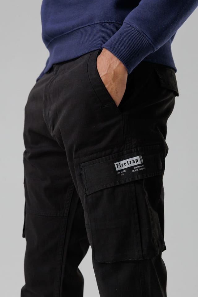 Firetrap Firetrap Men's Cotton Stretch Utility Cargo Trousers with Oversized Pockets in Black - 3