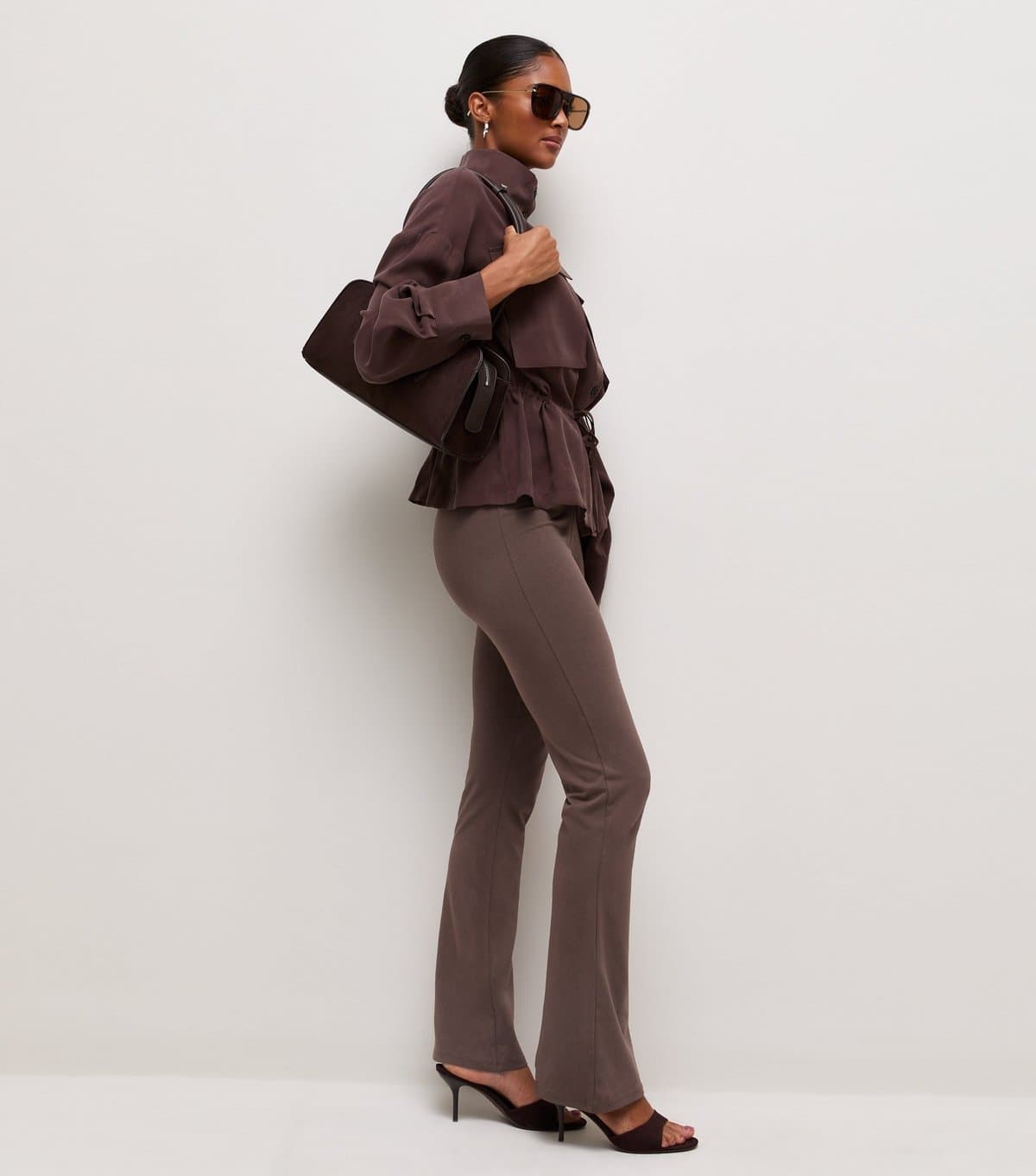 New Look Women's Dark Brown Stretch Cotton Rich Kick Flare Leggings New Look