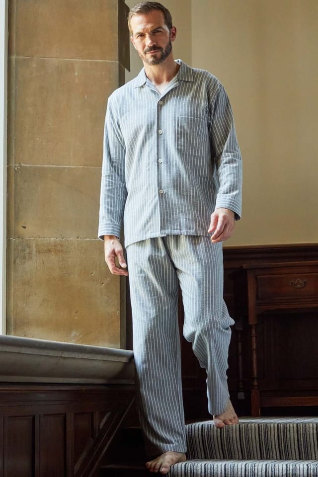 British Boxers British Boxers Men's "Chalk" Stripe Brushed Cotton Pyjama Set in Mid Grey - 2