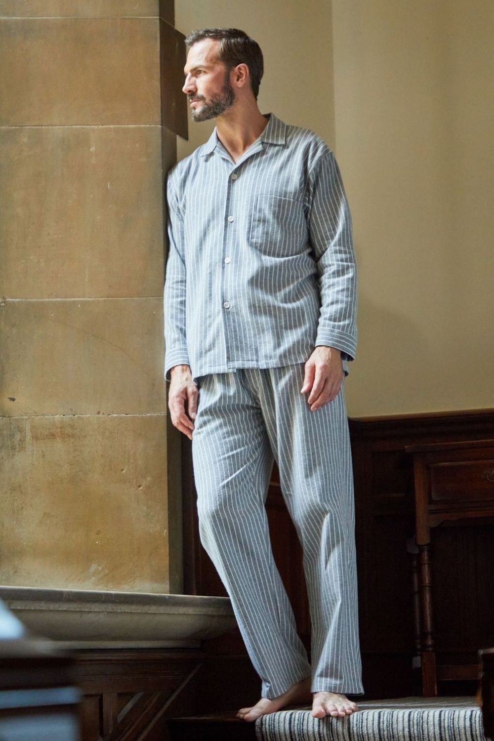 British Boxers British Boxers Men's "Chalk" Stripe Brushed Cotton Pyjama Set in Mid Grey - 3