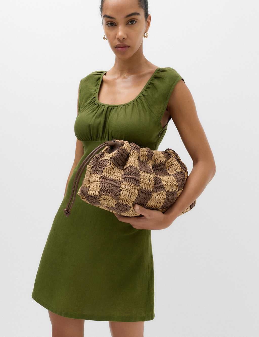 Marks & Spencer M&S Pure Linen Ruched Mini Waisted Dress Fern Green