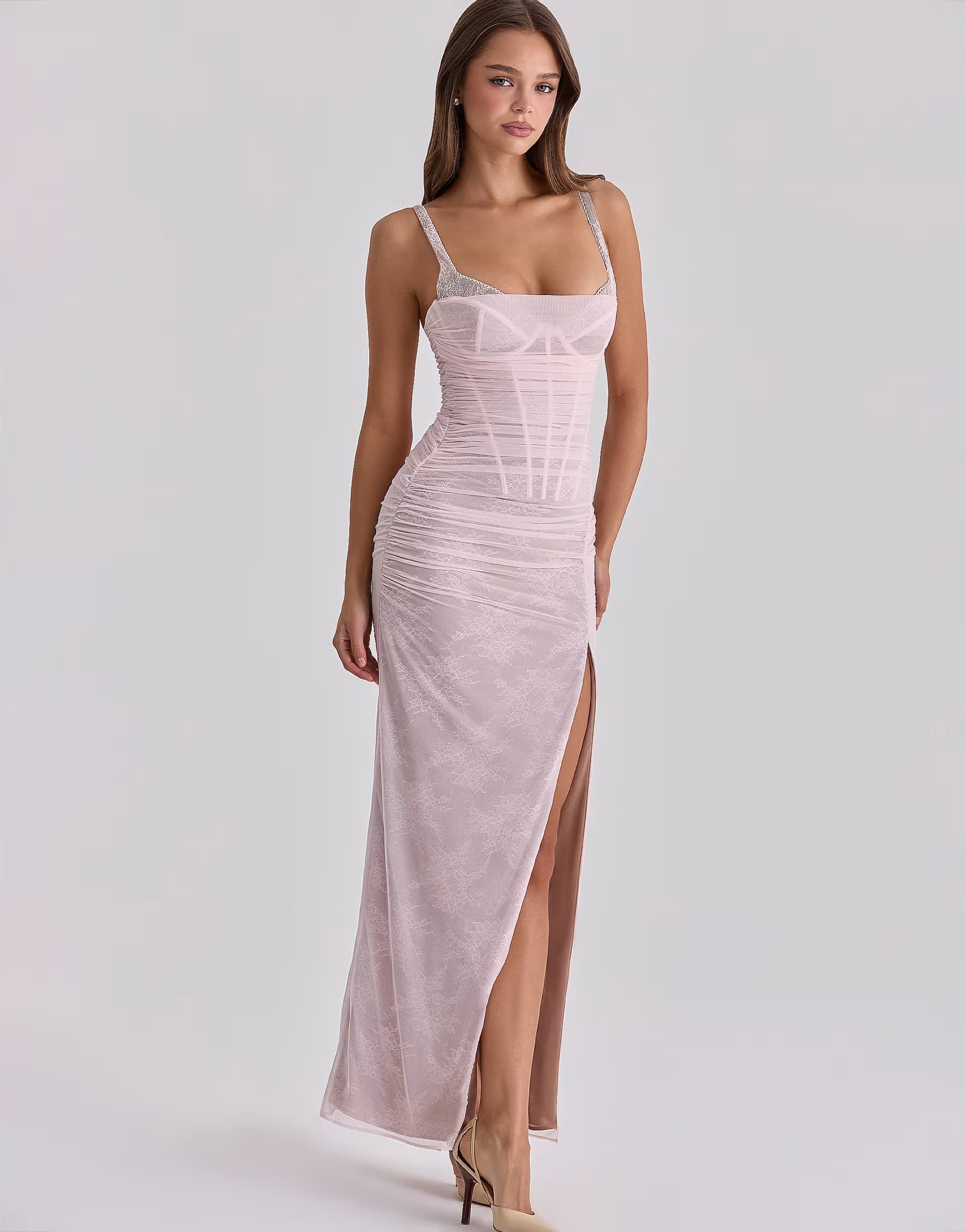 ASOS House of CB Lini baby pink lace mesh maxi dress in baby pink