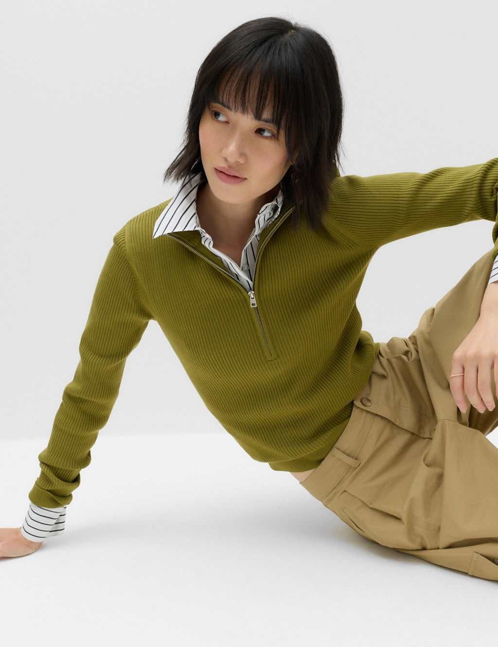 Marks & Spencer M&S Ribbed Textured Half Zip Fitted Knitted Top Moss