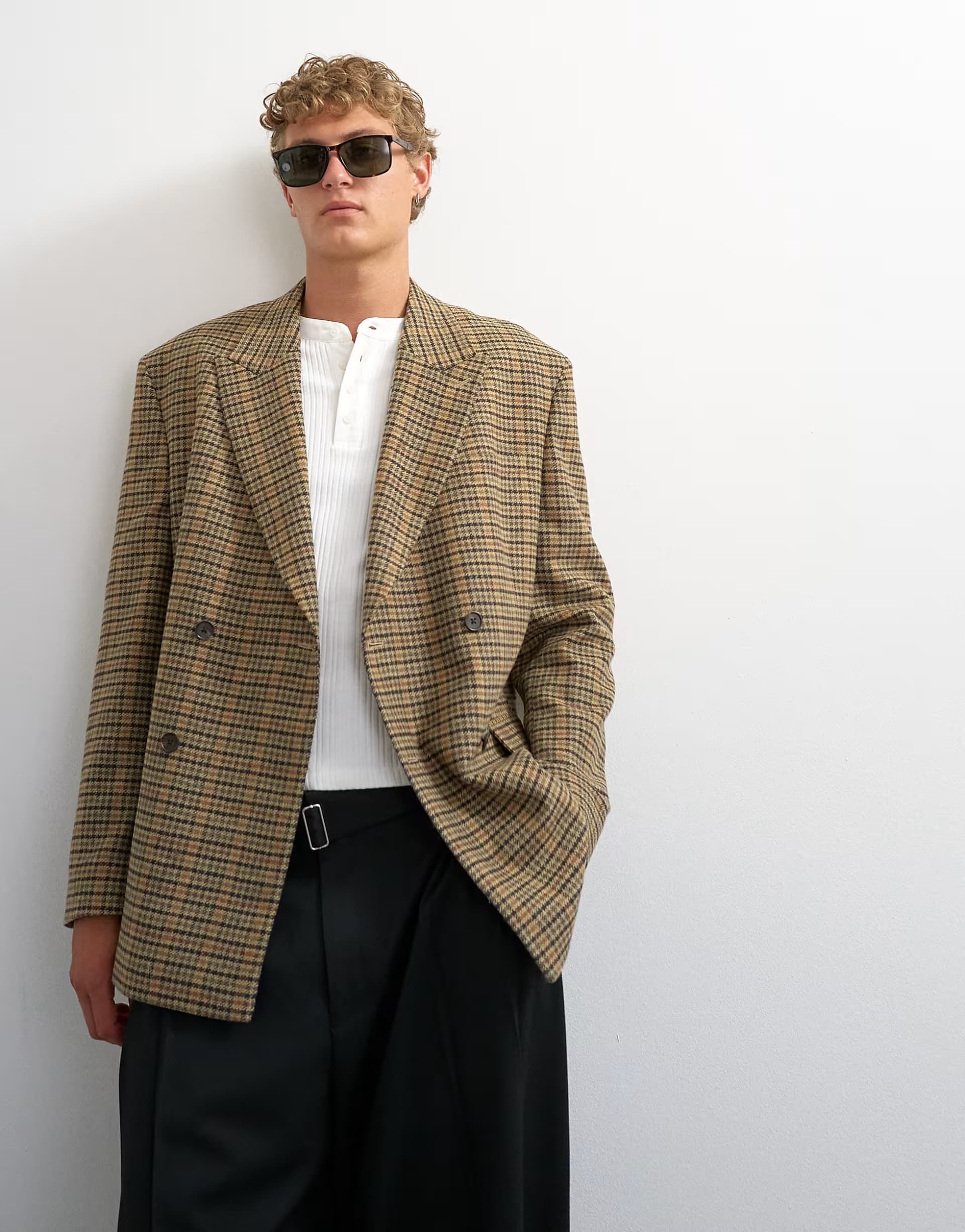 ASOS Topman oversized fit textured check double breasted blazer with wool blend in brown