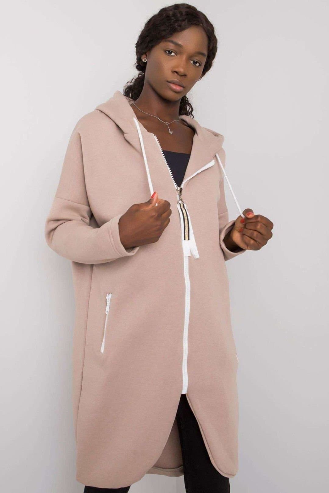 Love Lace Love Lace Women's Extended Cut Zippered Hooded Sweatshirt Pockets in Beige