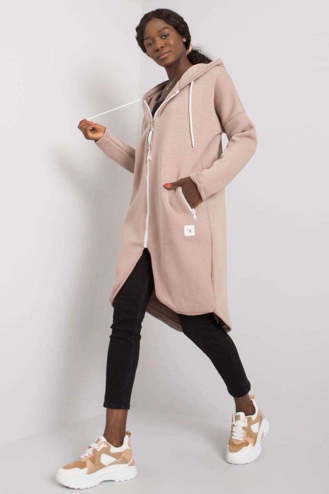 Love Lace Love Lace Women's Extended Cut Zippered Hooded Sweatshirt Pockets in Beige - 4