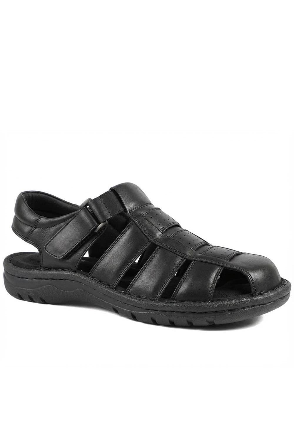 Pavers Pavers Men's Premium Leather Touch Fastening Sandals in Black