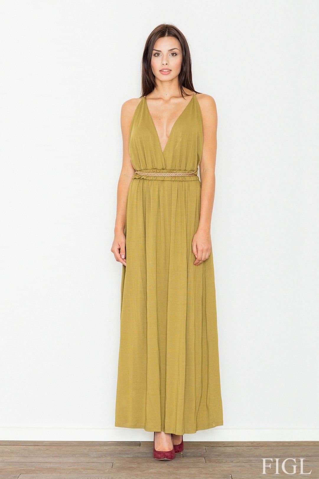 Love Lace Love Lace Women's Elegant Long Airy Knit Dress with Gold Lacing in Green