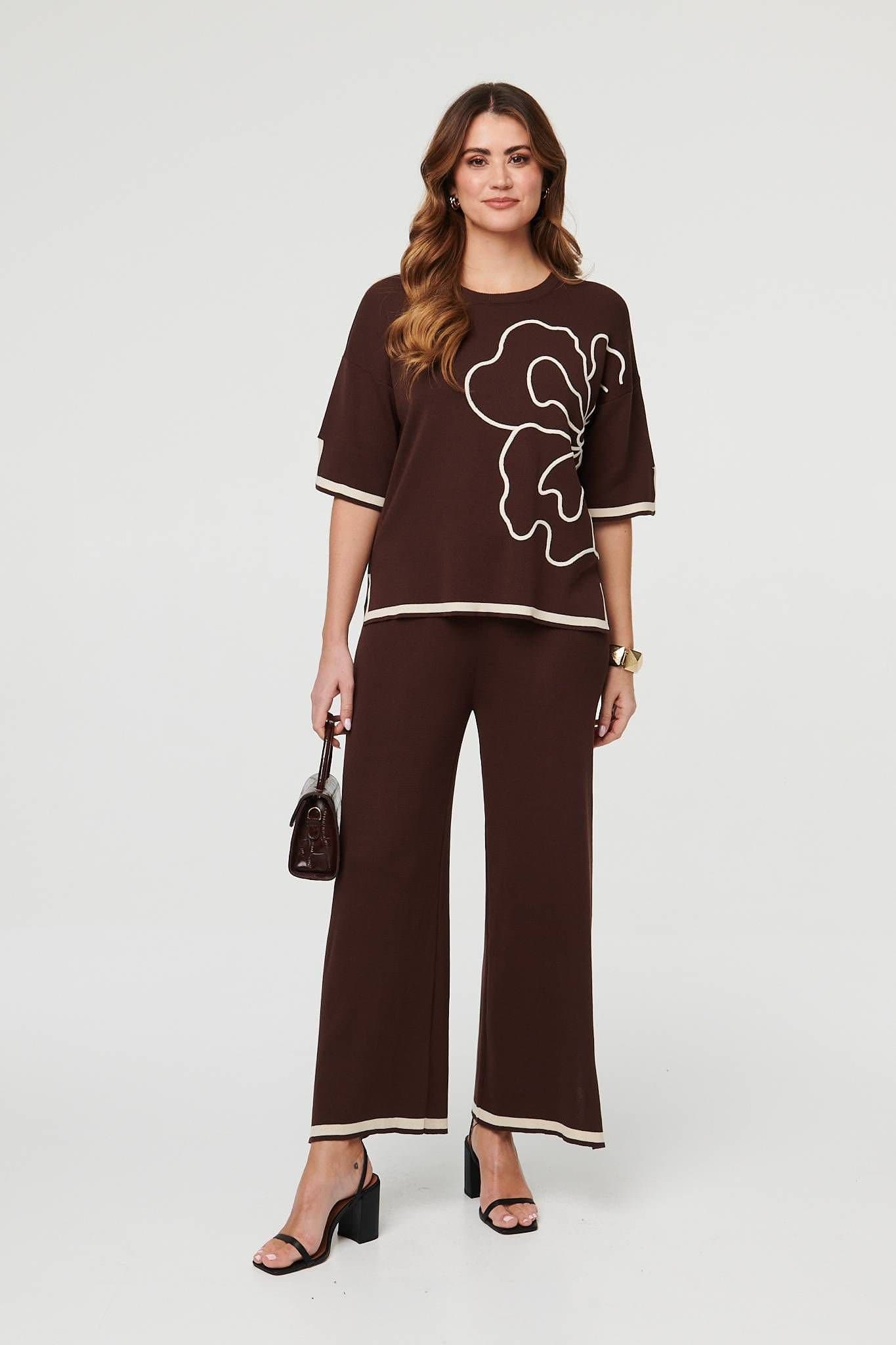 Izabel London Izabel London Women's Floral Trim Top & Trousers Co-Ord Set in Brown