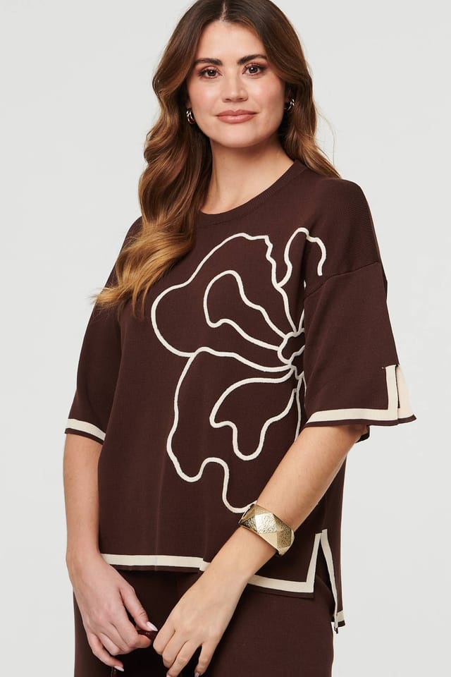 Izabel London Izabel London Women's Floral Trim Top & Trousers Co-Ord Set in Brown - 2