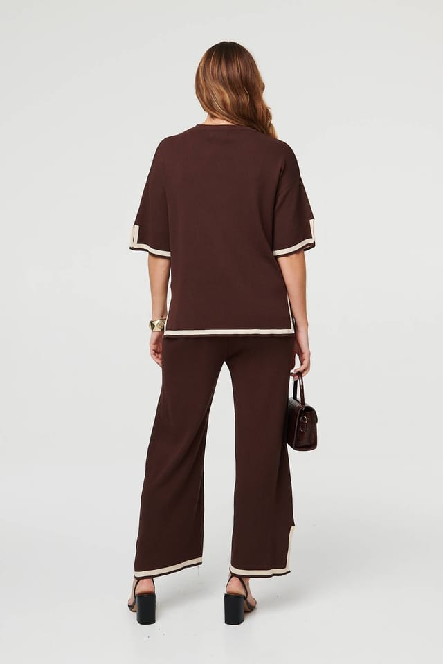 Izabel London Izabel London Women's Floral Trim Top & Trousers Co-Ord Set in Brown - 3