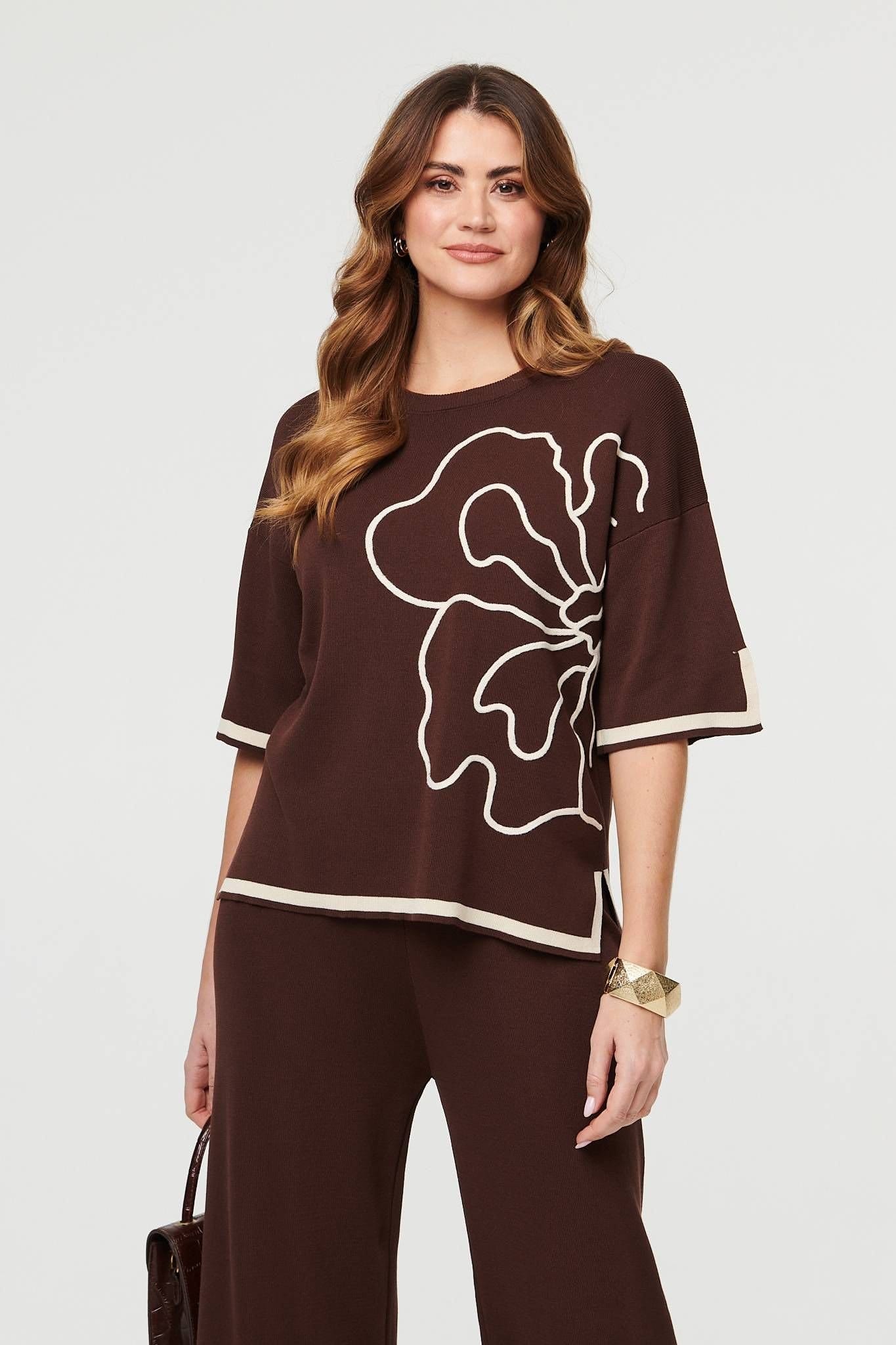Izabel London Izabel London Women's Floral Trim Top & Trousers Co-Ord Set in Brown - 4