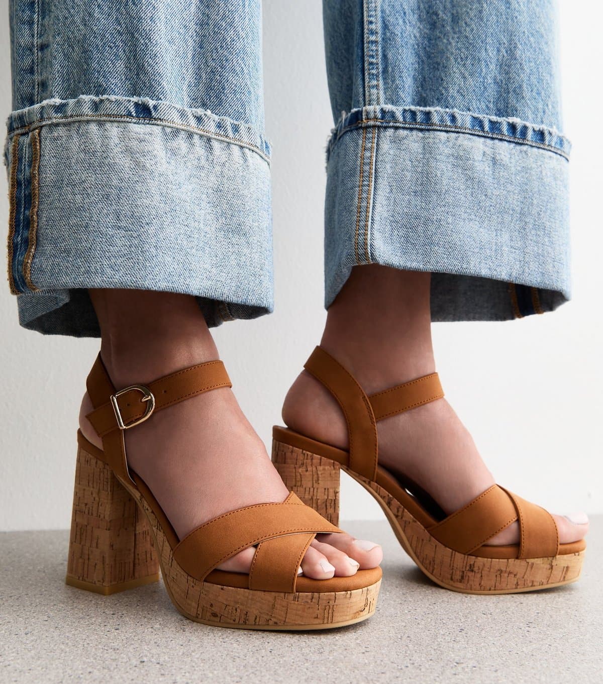 New Look Women's Brown Faux Suede Cork Platform Heeled Sandals Vegan New Look