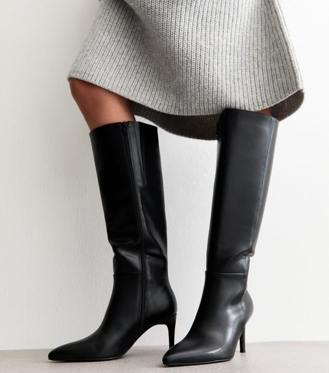 New Look Women's Black Faux Leather Zip Up Stiletto Knee High Boots Vegan New Look - 2