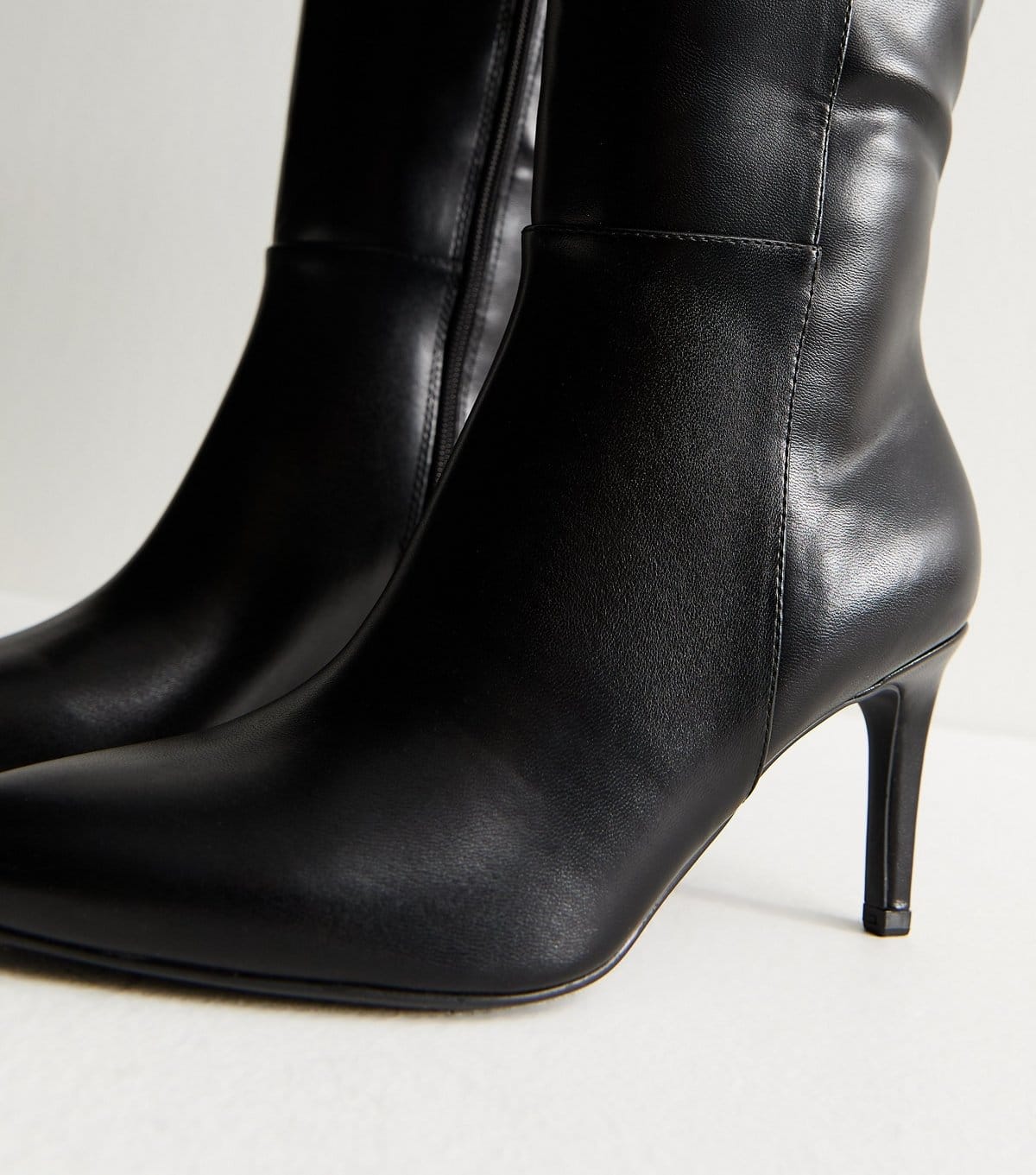 New Look Women's Black Faux Leather Zip Up Stiletto Knee High Boots Vegan New Look - 4