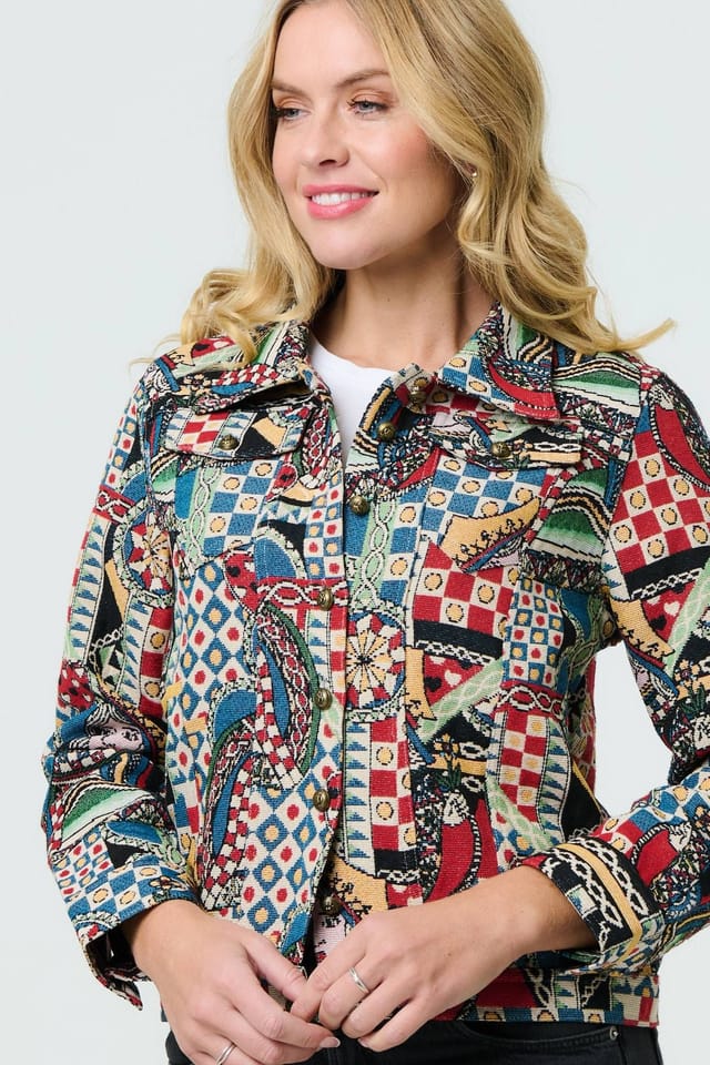 Izabel London Izabel London Women's Abstract Print Cropped Collared Jacket in Red - 2