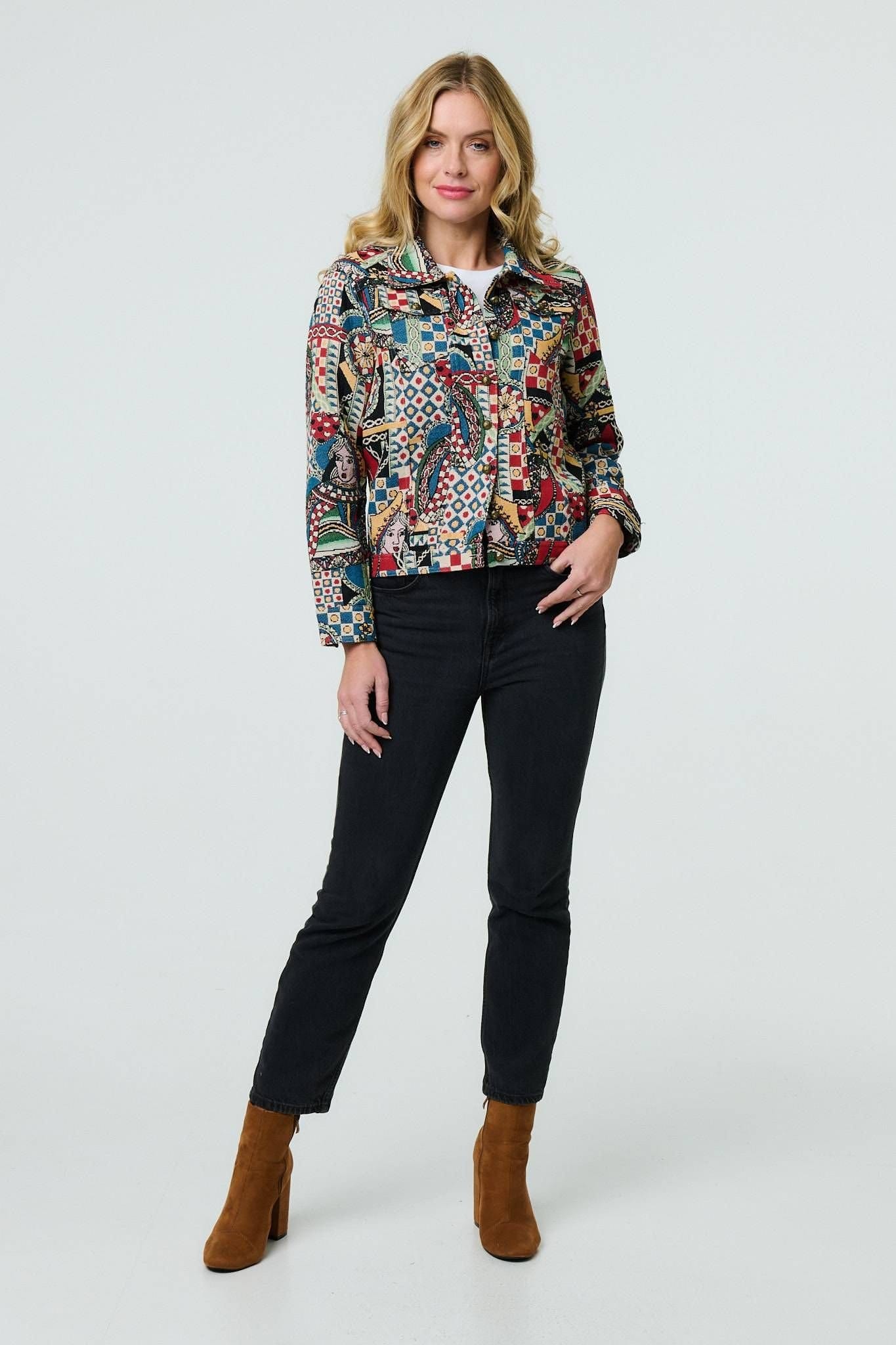 Izabel London Izabel London Women's Abstract Print Cropped Collared Jacket in Red - 4