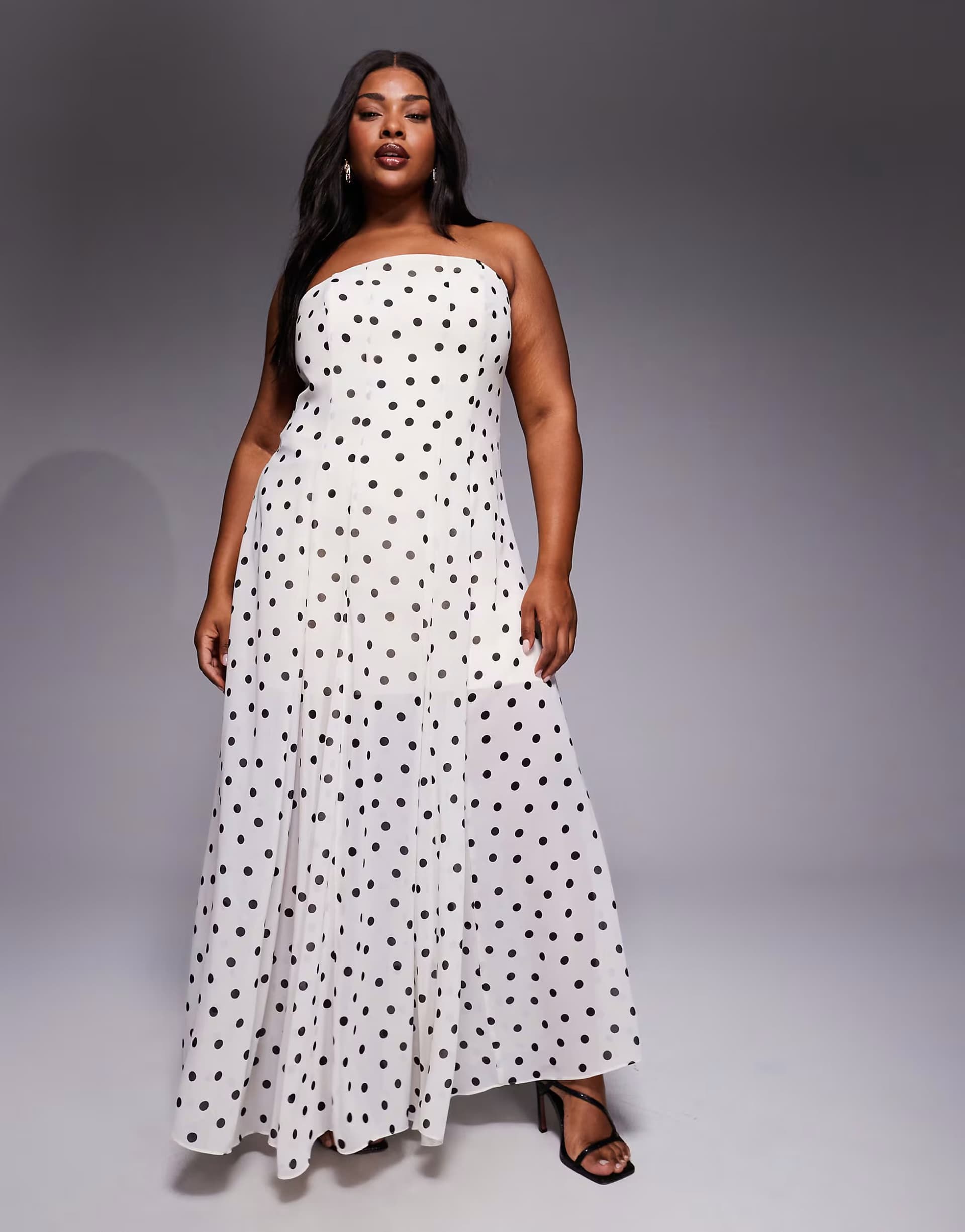 ASOS Forever New Curve chiffon strapless maxi dress in polka dot