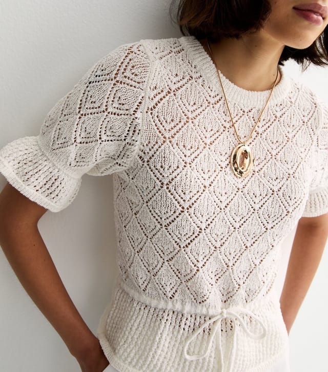 New Look Women's Cream Open Knit Drawstring Waist Frilly Trim Top New Look - 2