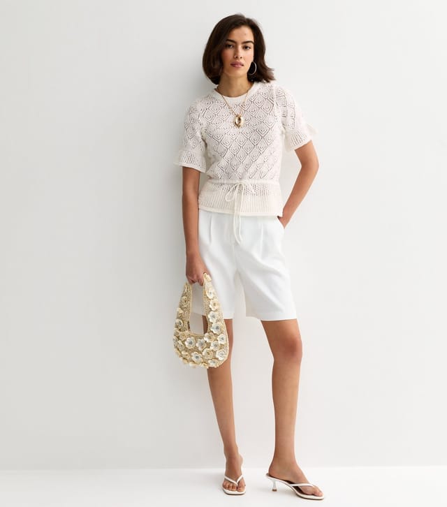 New Look Women's Cream Open Knit Drawstring Waist Frilly Trim Top New Look - 3