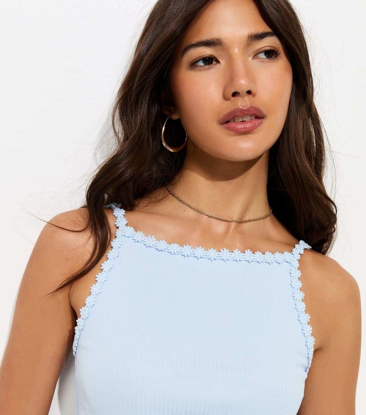 New Look New Look Light Blue Cotton Rich Ribbed Daisy Trim Cami Top